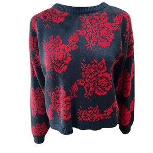 Vintage 80’s 90’s chunky rose navy short cropped sweater-L